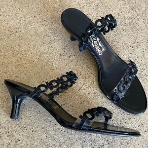 Salvatore Ferragamo Black Patent Leather Kitten Heel Mules